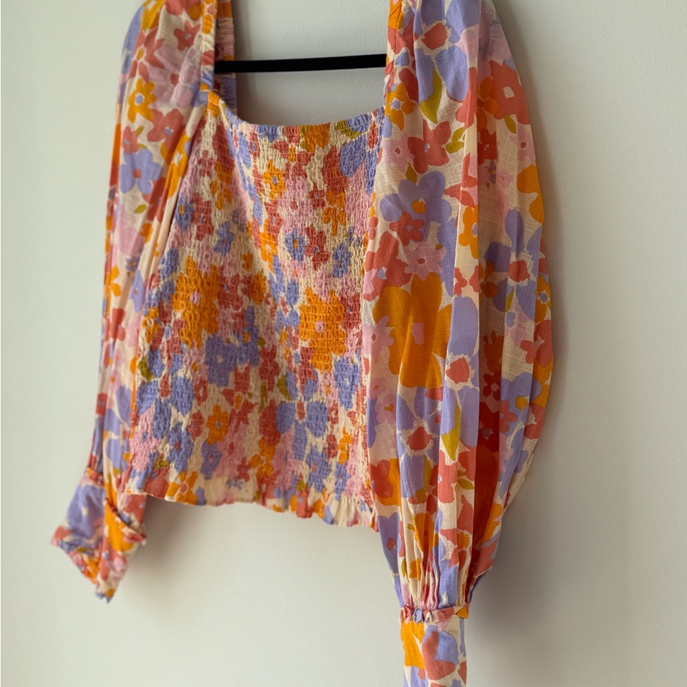 Free People Size Large Floral Smocked Top Cotton Balloon Sleeve Orange Blue Pink - Picture 6 of 16